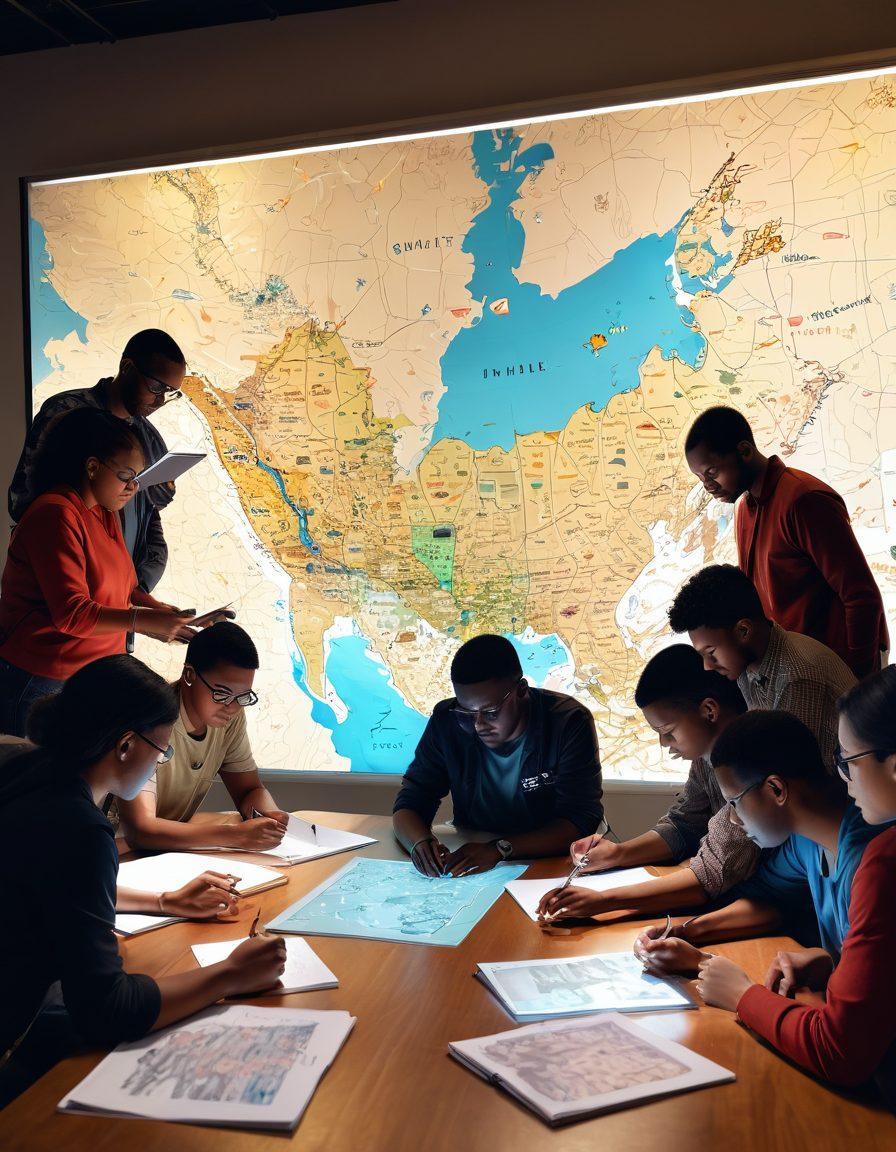 A diverse group of community members collaboratively studying a large map with glowing icons representing forgotten funds. The atmosphere is vibrant and hopeful, with open notebooks, digital devices, and a sense of unity. In the background, a mural depicting various local cultures adds color and depth. The scene embodies empowerment, teamwork, and resourcefulness. super-realistic. vibrant colors. 3D.